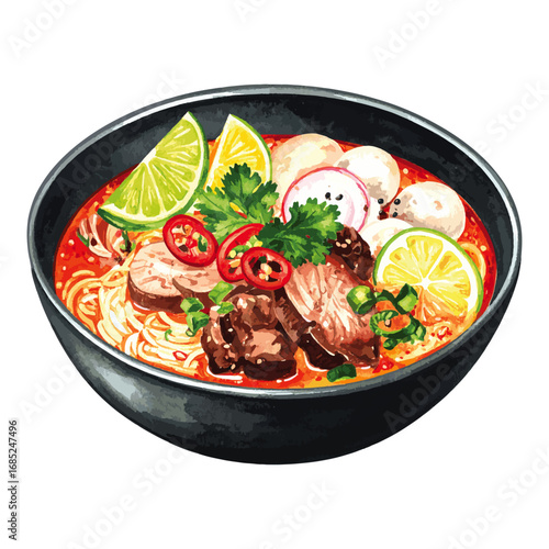 Watercolor Illustration of Bún Bò Huế – Traditional Vietnamese Spicy Beef Noodle Soup