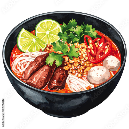 Watercolor Illustration of Bún Bò Huế – Traditional Vietnamese Spicy Beef Noodle Soup