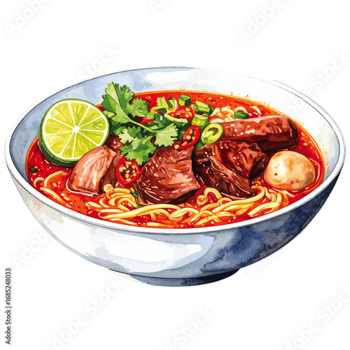 Watercolor Illustration of Bún Bò Huế – Traditional Vietnamese Spicy Beef Noodle Soup