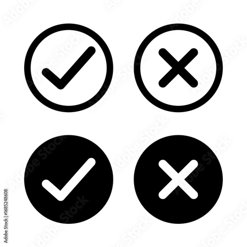 Set of check marks. Voting, yes, no, check mark, checklist, tick and cross signs, v and x. Vector illustration in minimalist style.