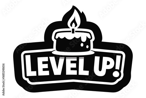 Black and White Level Up Celebration with Cake and Candle Illustration Design