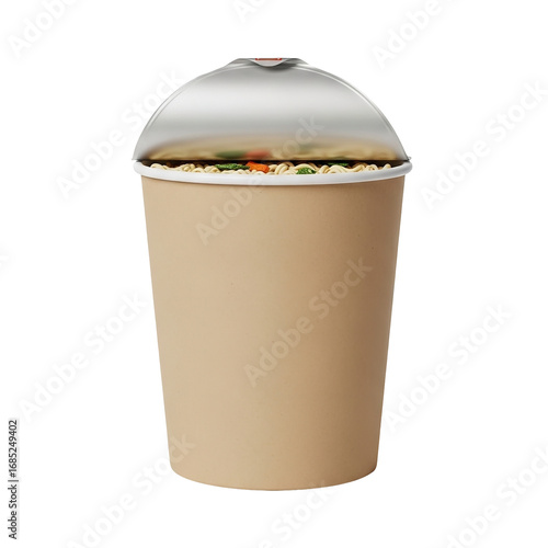 Photo of instant noodle cup with foil lid, isolated on transparent background