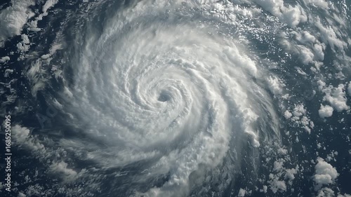 Aerial satellite perspective 4K hurricane animation showing swirling storm clouds and eye formation in dramatic style