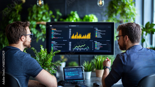 Collaborative Data Analysis Two Professionals Review Charts and Graphs on a Large Monitor in a Modern Office Setting