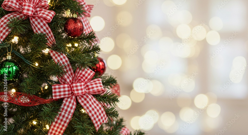 Obraz premium Christmas tree adorned with red and white checkered ribbon and ornaments.