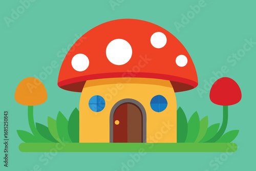 Cartoon Mushroom House with Red Cap, White Spots, Mushrooms, and Green Grass on Teal Background