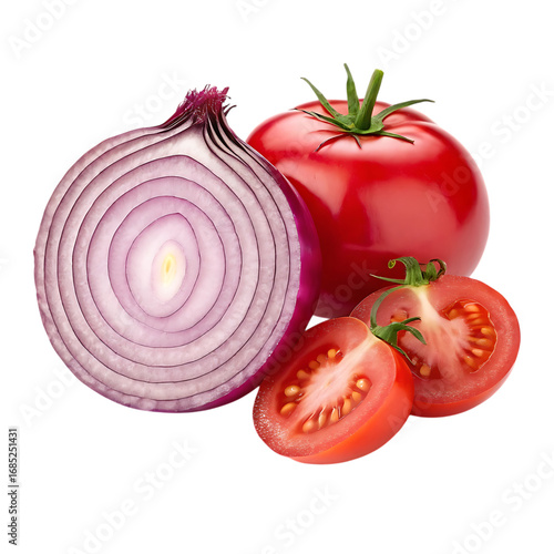 Red onion half and fresh tomatoes isolated on white background
