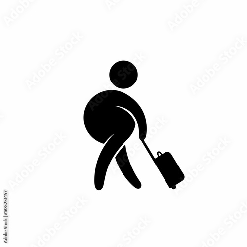 Black silhouette icon of an overweight person pulling a rolling suitcase.