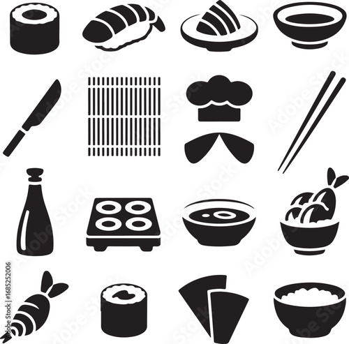 Sushi and Japanese food ingredients and tools icons silhouette Keywords: sushi, sashimi, maki