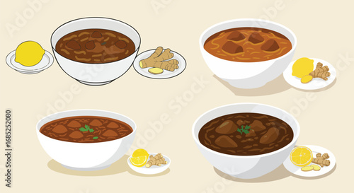 Bowls of hearty stew with lemon and ginger offer a comforting culinary experience