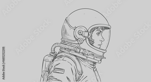 Detailed line drawing of a female astronaut in a spacesuit against a gray background