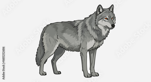 Gray wolf standing alert with piercing eyes in a digital illustration style art