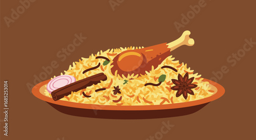 Delicious chicken biryani with rice and spices served on a plate food concept