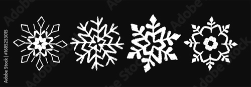 Set of cute white Xmas snowflakes drawn in pastel, crayon, chalk and charcoal textures. A holiday collection for kids featuring frozen, grunge style Christmas crystal squiggle art. Vector illustration