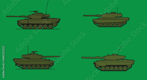 Four olive green tanks are displayed on a green background in a simple illustration