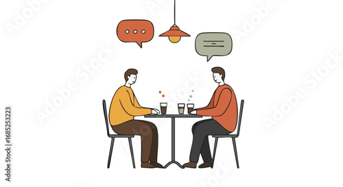 Two friends chatting over drinks at a cafe with speech bubbles above them