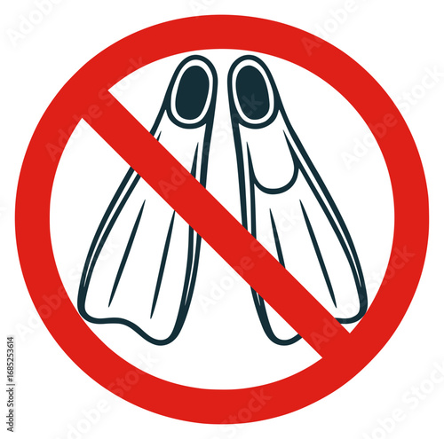 no fins, no flippers, prohibition sign with red circle and diagonal line indicating no diving fins allowed or forbidden use of swim flippers in restricted water areas