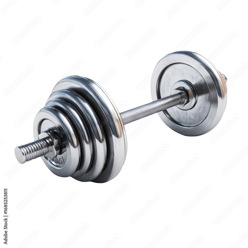Naklejka premium Shiny chrome barbell with stacked weight plates for strength training and bodybuilding isolated on transparent background