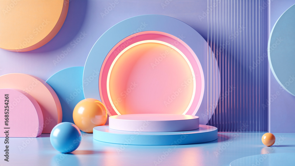 Obraz premium Abstract pastel geometric forms with a luminous circular stage and spheres
