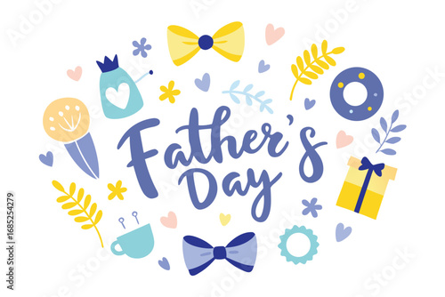Father's Day with Bow Ties, Gifts, Hearts, and Flowers on White Background