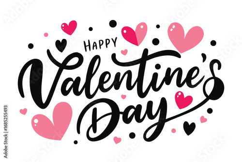 Happy Valentine's Day Text with Hearts and Dots Decorative Celebration Greeting Illustration