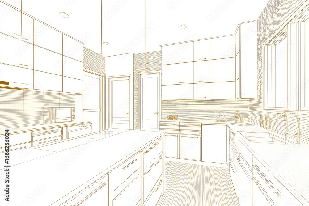 Fototapeta premium Line drawing of a modern kitchen design.