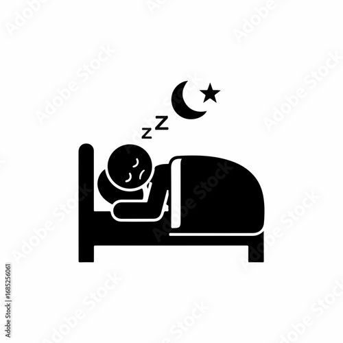 Simple black icon of a person sleeping in bed at night.