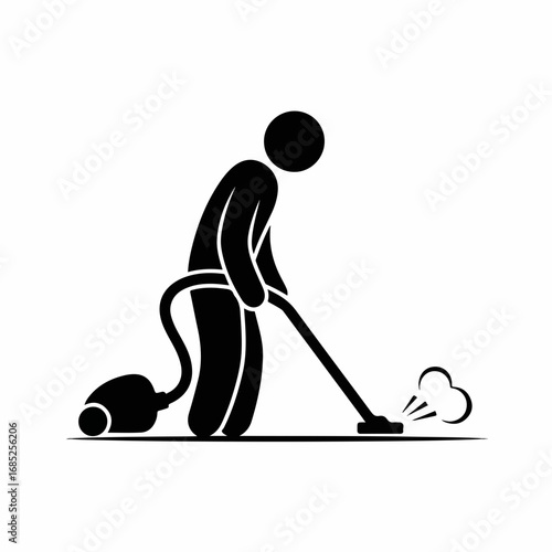 Simple black icon of a person vacuuming the floor.