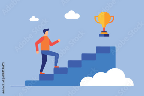 Man Climbing Blue Stairs Towards Golden Trophy with Clouds Background Illustration