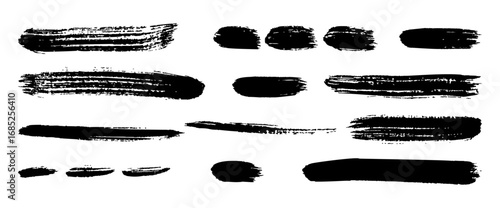 Vector collection of long acrylic brush strokes isolated on white. Grunge graffiti stains and dirty blot silhouettes make perfect strikethrough print or template elements for bold or collage design.