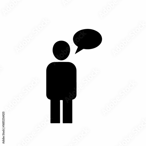 Simple black icon of a person with a speech bubble representing communication.
