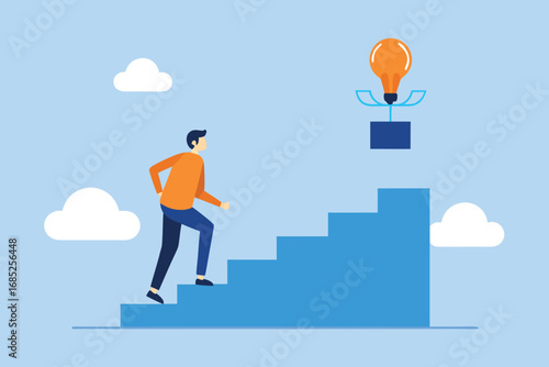 Man Climbing Blue Steps Towards Idea Lightbulb Goal on Light Blue Background
