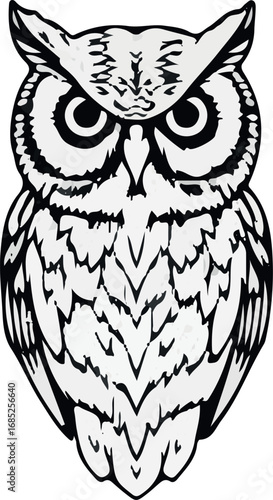 Vector black silhouette of a tribal owl with heart-shaped wings, an ornamental tattoo design