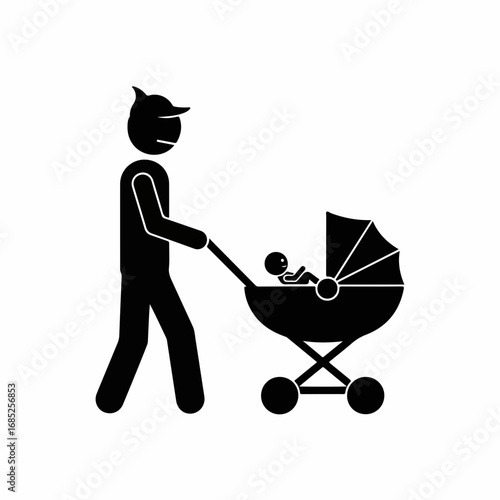 Simple black pictogram of a parent pushing a baby stroller.