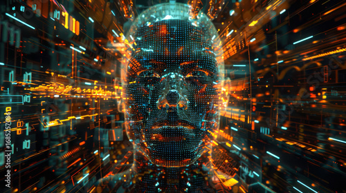 An artificial intelligence consciousness visualized as a serene face emerging from a vibrant, abstract digital landscape of data streams.