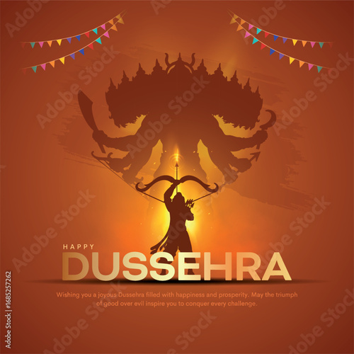 Happy Dussehra festival of India poster design. Lord Rama killing Ravana. Creative vector illustration.