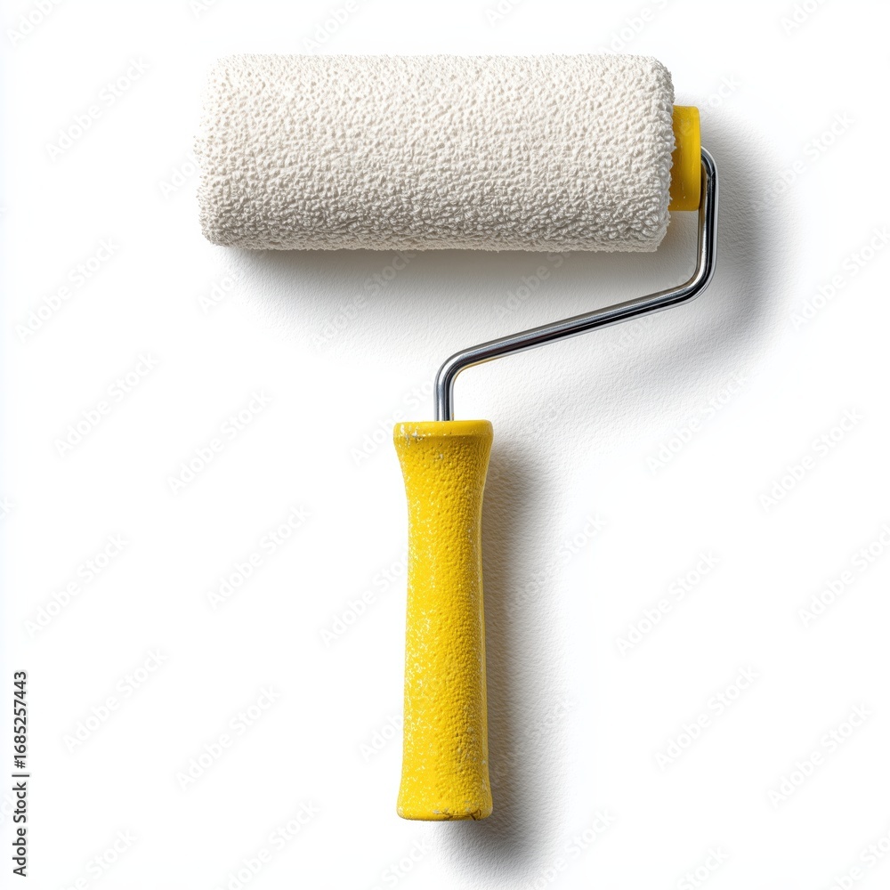 Fototapeta premium Yellow handled paint roller with white coating on white background