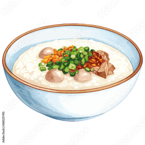 Watercolor Illustration of Chao – Traditional Vietnamese Rice Porridge with Herbs