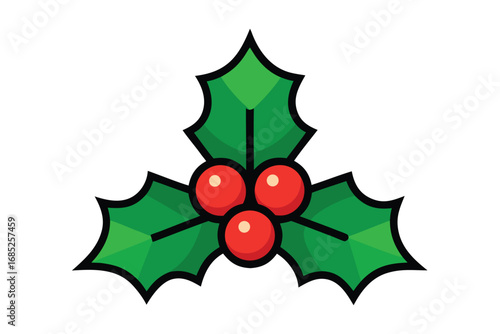 Simple Holly Berry Illustration Three Green Leaves and Red Berries on White Background