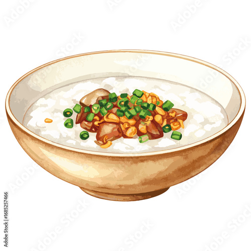 Watercolor Illustration of Chao – Traditional Vietnamese Rice Porridge with Herbs