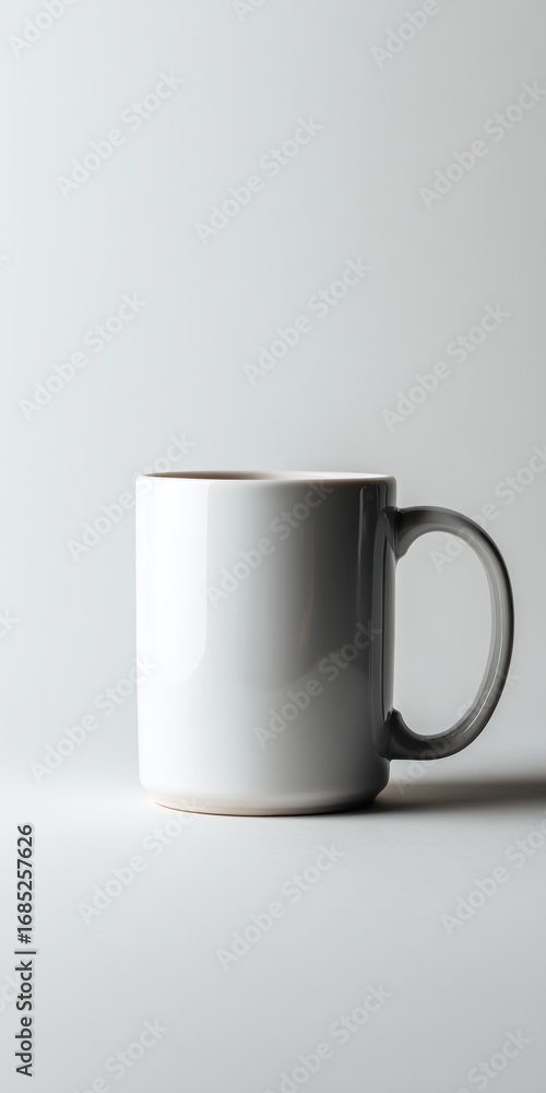Obraz premium Minimalist white ceramic mug with handle on light background