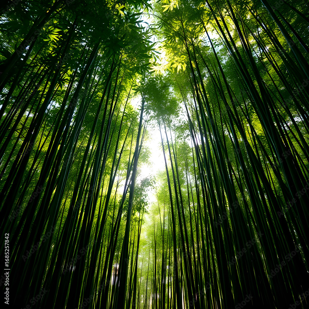 Fototapeta premium looking up through a dense bamboo forest with sunlight filtering through the vibrant green leaves