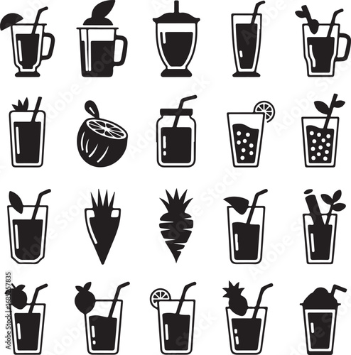 Beverage Icons Juice Smoothie Cocktail Strawberry Pineapple Carrot Lemonade Glass vector