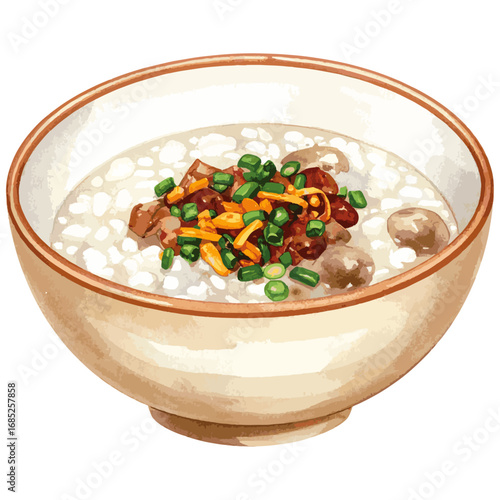 Watercolor Illustration of Chao – Traditional Vietnamese Rice Porridge with Herbs