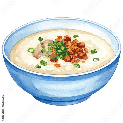 Watercolor Illustration of Chao – Traditional Vietnamese Rice Porridge with Herbs