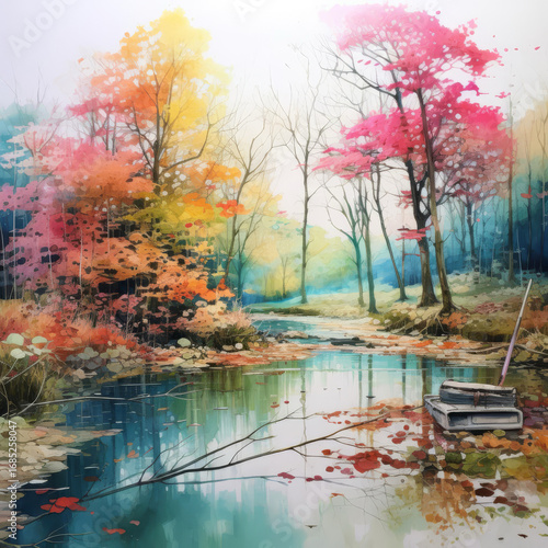 A tranquil watercolor painting of a vibrant autumn forest with a serene pond reflecting colorful trees.
