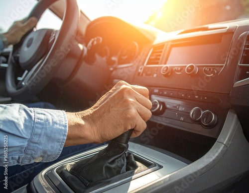 Driver hand shifts automatic transmission gear stick in car