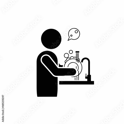 Simple icon of a person washing dishes at the sink.