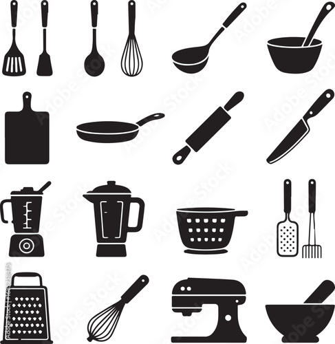 Set of black kitchen utensil icons on a white background Keywords: kitchen, utensils, cooking