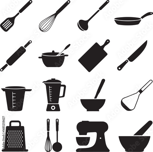 Kitchen Utensils Icons Whisk Pan Rolling Pin Ladle Grater Blender Mixer Bowl vector illustration
